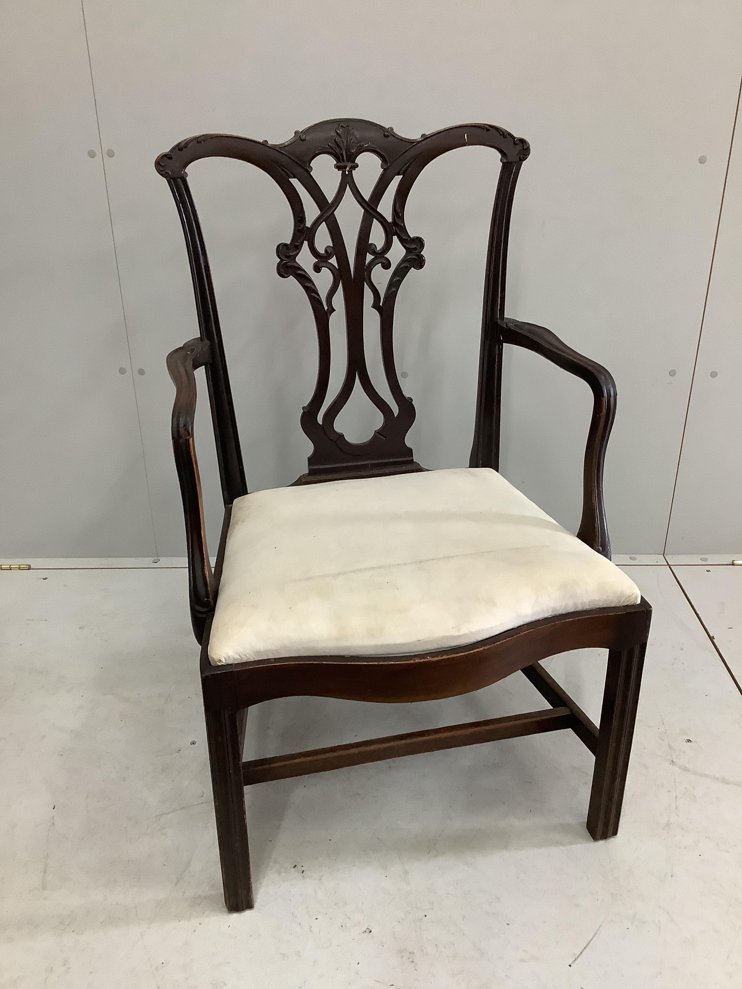 A George III style mahogany elbow chair, width 60cm, depth 50cm, height 100cm